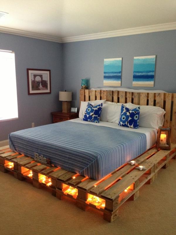 zagłówek i łóżko do majsterkowania wykonane z palet oświetlenia