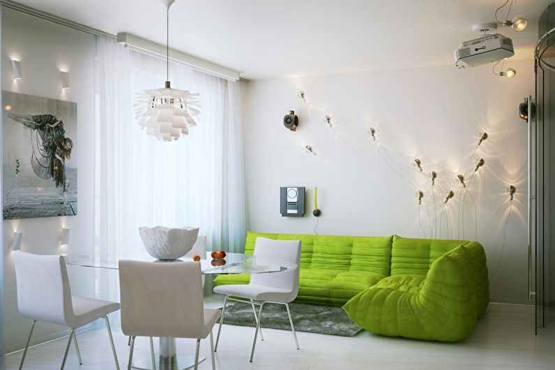 Návrh obývacího pokoje 20 m2 v bílé