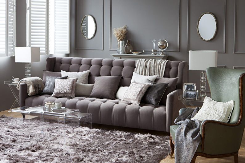 Návrh obývacího pokoje 20 m2 v odstínech šedé