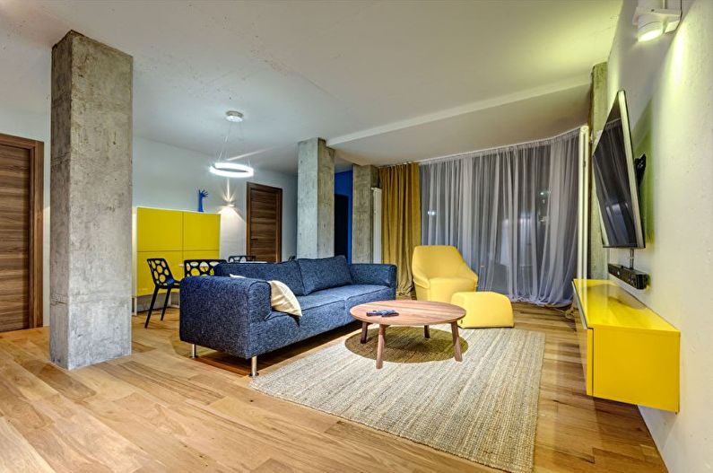 Žlutý obývací pokoj ve stylu minimalismu - interiérový design