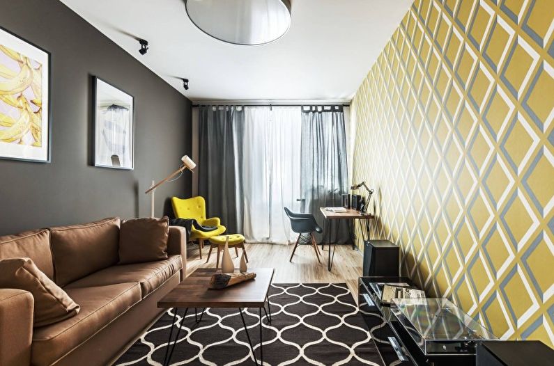 Žlutý obývací pokoj ve stylu minimalismu - interiérový design