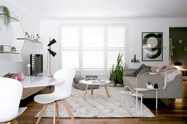 Návrh interiéru obývacího pokoje ve stylu minimalismu - fotografie