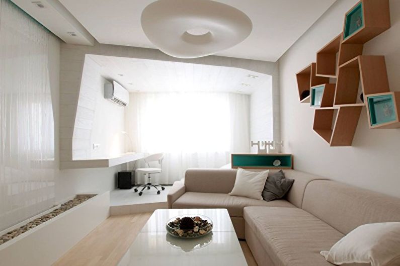 Bílý obývací pokoj ve stylu minimalismu - interiérový design