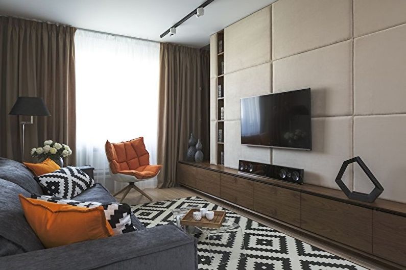 Hnědý obývací pokoj ve stylu minimalismu - interiérový design