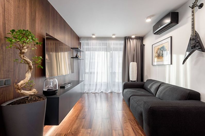 Hnědý obývací pokoj ve stylu minimalismu - interiérový design