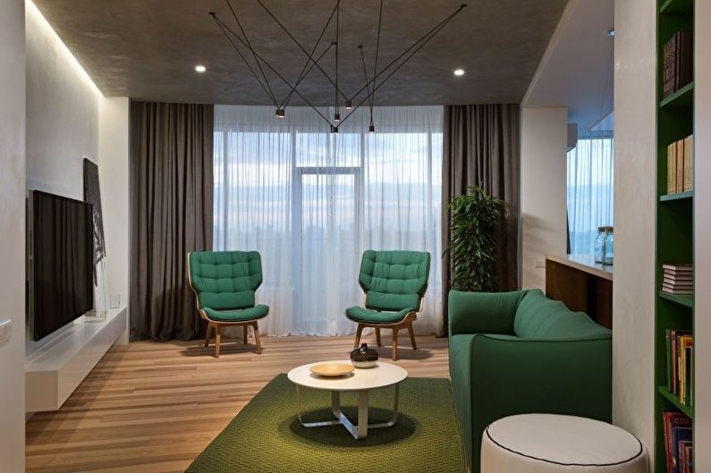 Zelený obývací pokoj ve stylu minimalismu - interiérový design