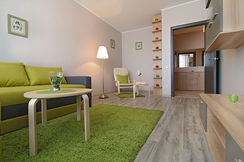 Zelený obývací pokoj ve stylu minimalismu - interiérový design
