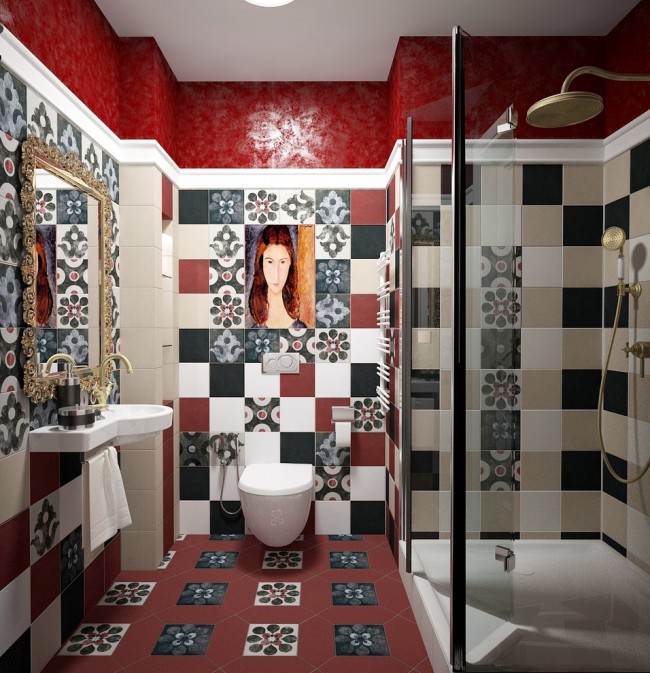 Interessantes Interieur einer Toilette mit Dusche im Fusionsstil
