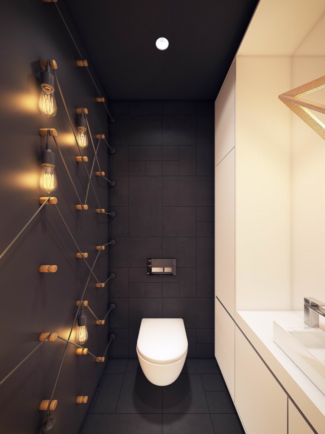 Designprojekt: stilvolles WC-Interieur mit mattschwarzer und weißer Oberfläche. Auf dem Foto - die ursprüngliche Idee mit Edison-Lampen an der Wand, aus technischer Sicht umstritten, aber machbar