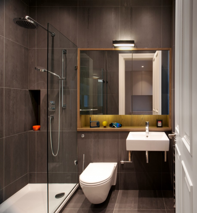 Koupelna se sprchovým koutem v tmavé barvě
