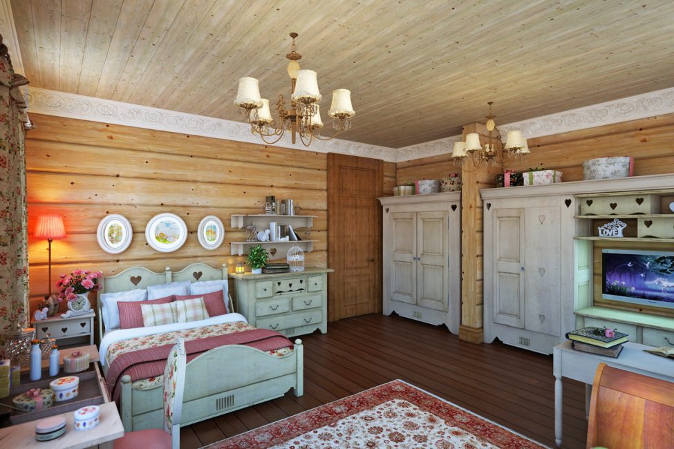 Viel Holz und Textilien im Inneren des Schlafzimmers