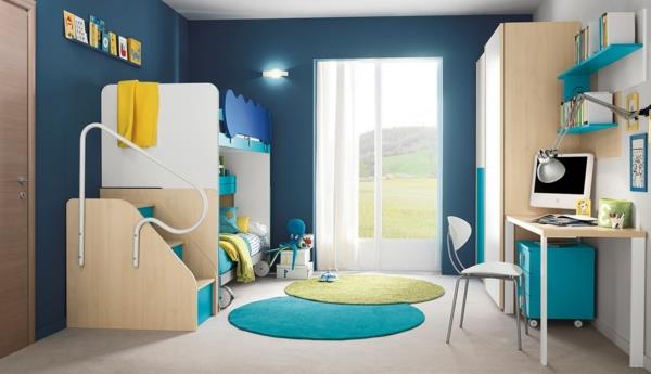 podwójne łóżka pokój dziecięcy okrągłe dywany niebieska ściana projekt