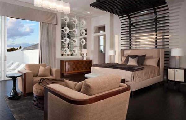 ciemna drewniana podłoga układanie sypialni łóżko wezgłowie wykonane z drewnianych belek beżowy brąz