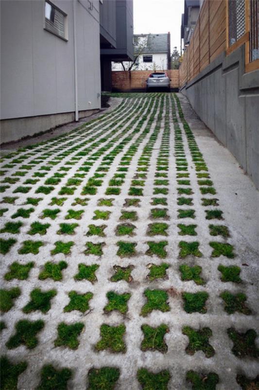 podjazd kostka brukowa podłoga betonowa trawa