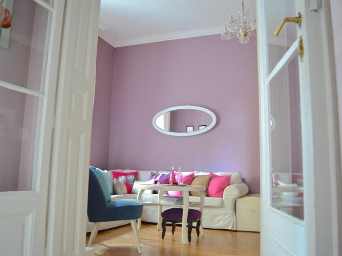 idées d'ameublement murs violet clair coussins miroir mural ovale