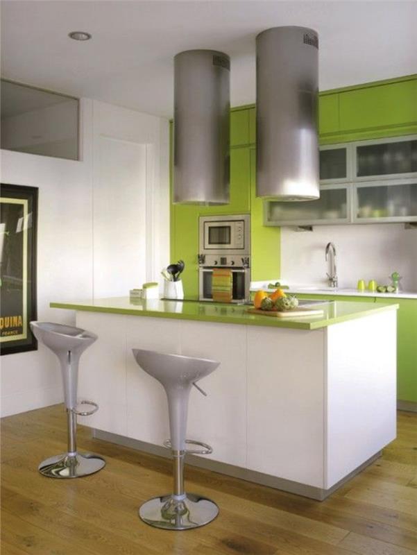 pomysły na umeblowanie porady dotyczące wyposażenia kuchni futurystyczny design stołek barowy lada jabłkowa biel biały wysoki połysk fronty nowoczesny salon