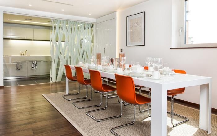 pomysły na umeblowanie porady dotyczące wyposażenia kuchni nowoczesne krzesła krzesła wspornikowe metal pomarańczowy plastikowy stół do jadalni biały