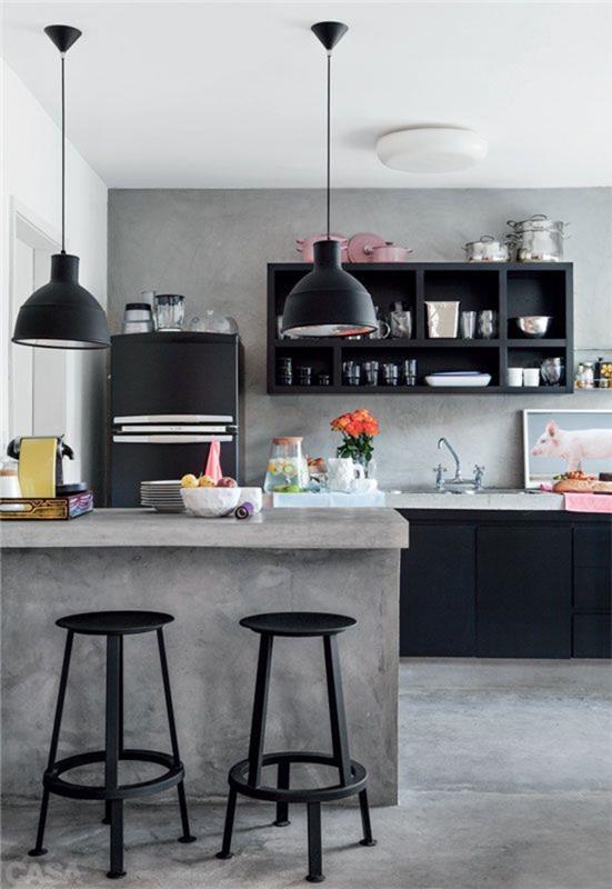 pomysły na umeblowanie kuchnia nnowoczesny salon betonowy bar stołki barowe czarne wiszące światła