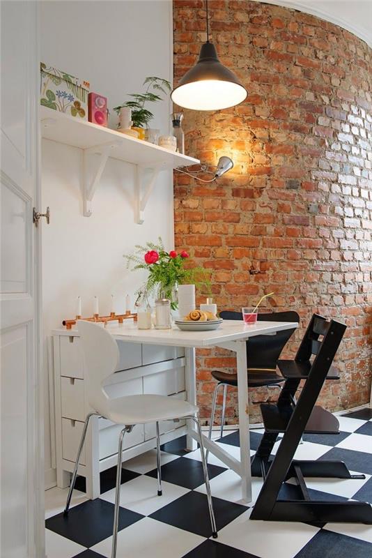 pomysły na umeblowanie mała kuchnia składany stół stół do jadalni designerskie krzesła szachmat płytki cegła ściana
