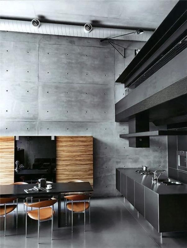 pomysły na umeblowanie kuchnia nowoczesne ściany betonowe ściany projekt loft mieszkanie stół jadalny długie krzesła skóra