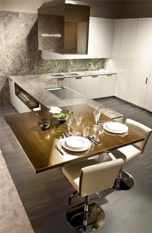 pomysły na umeblowanie kuchnia nowoczesny salon stół jadalny kuchnia wyspa krzesła skóra biały blat marmur