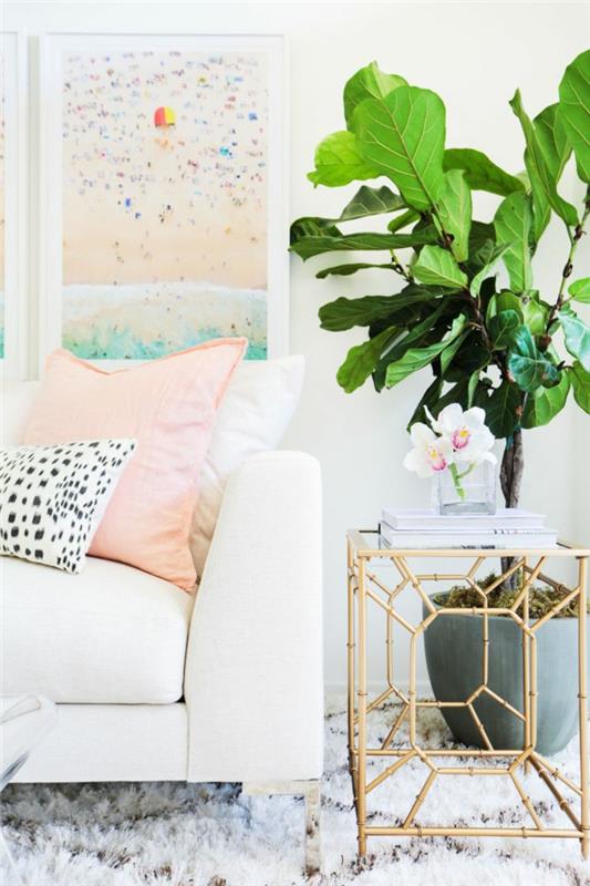 idées d'ameublement salon tapis plante table d'appoint couleurs pastel