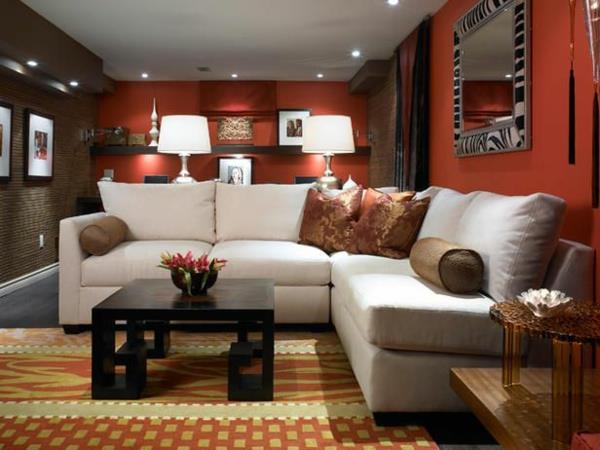 Pomysły na umeblowanie salon tapeta do salonu czerwona brązowa sofa