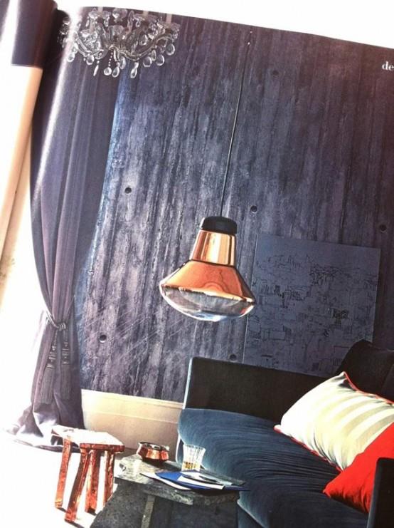Collection de papier peint en béton gris lampe suspendue canapé en velours salon