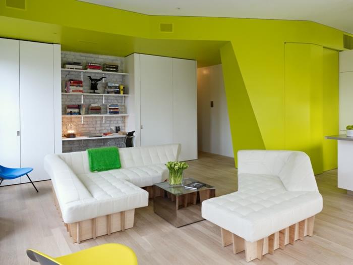 Meubler appartement d'une pièce loft salon canapé canapé meubles en bois blanc murs vert néon