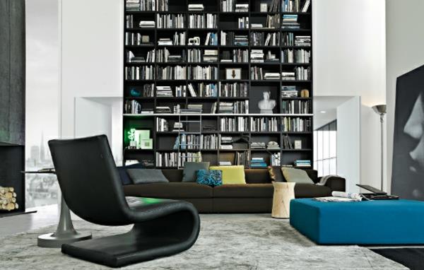 eleganckie pomysły na meblościanki sufit wysoki za sofą