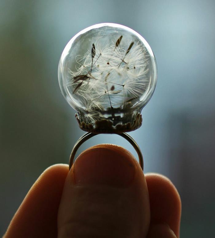 elfe bijoux bague en verre ronde graines de pissenlit laiton