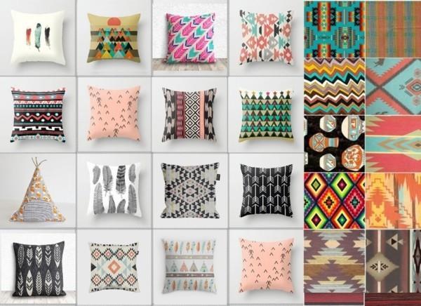Etniczne dekoracje poduszki kolorowe wzory graficzne