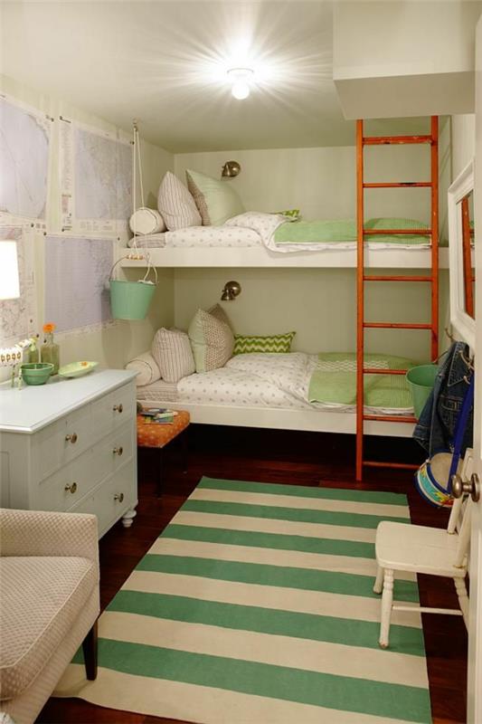 schéma de couleurs chambre d'enfants accents verts tapis lit superposé