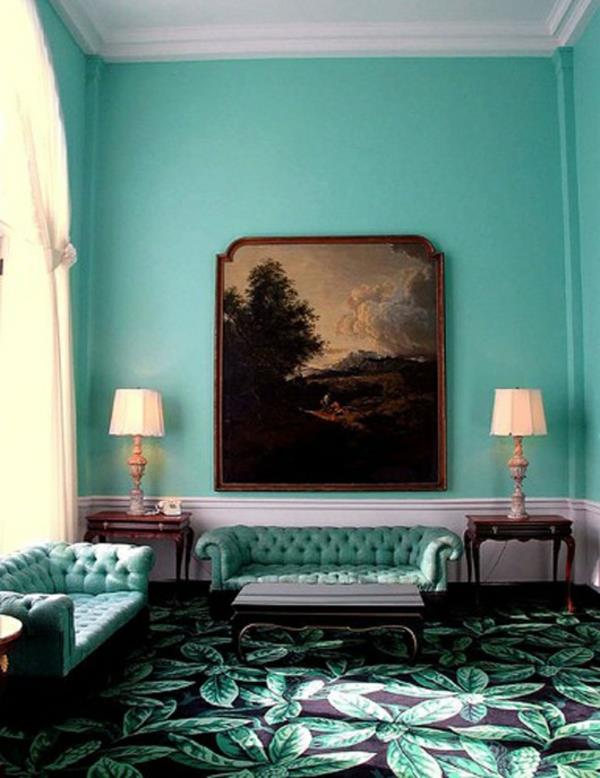 idées de design de couleur couleurs de mur salon vert menthe meubles anciens canapé tapis sol