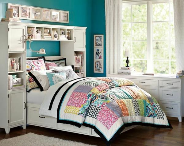 kolorystyka sypialnia pomysły na kolory kolor ścian turkusowy niebieski pościel pstrokaty patchwork