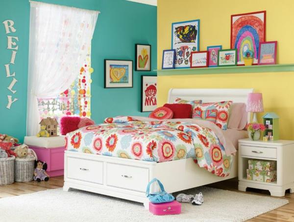kolorowa sypialnia pokój dziecięcy pomysły kolorystyczne żółta turkusowa niebieska farba ścienna
