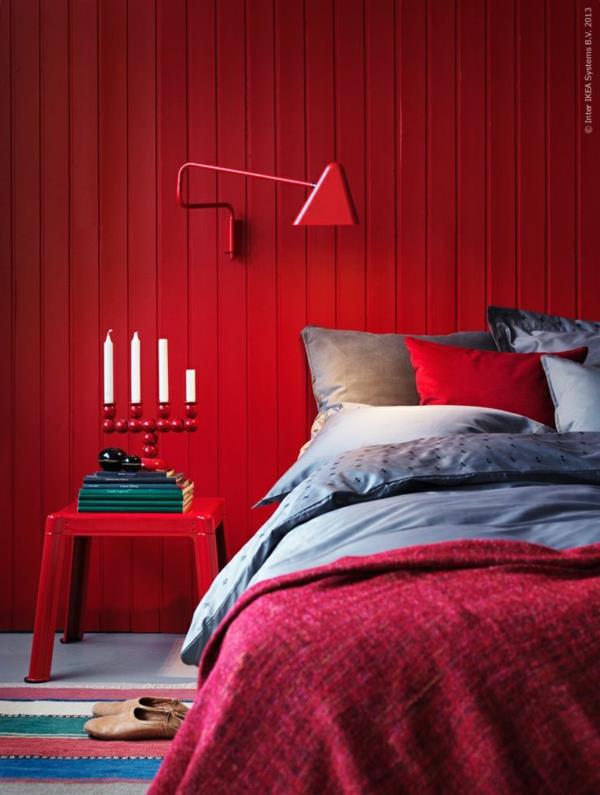 kolorowa sypialnia mocne kolory czerwone panele ścienne z farbą ścienna