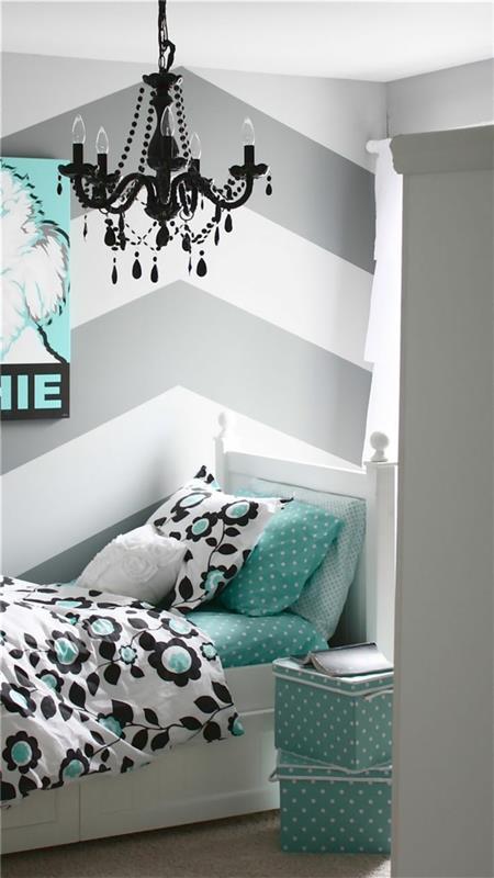 kolorowa sypialnia turkusowo-szary wzór pościeli