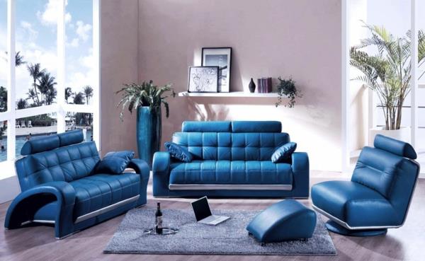 idées de couleurs salon bleu meubles en cuir