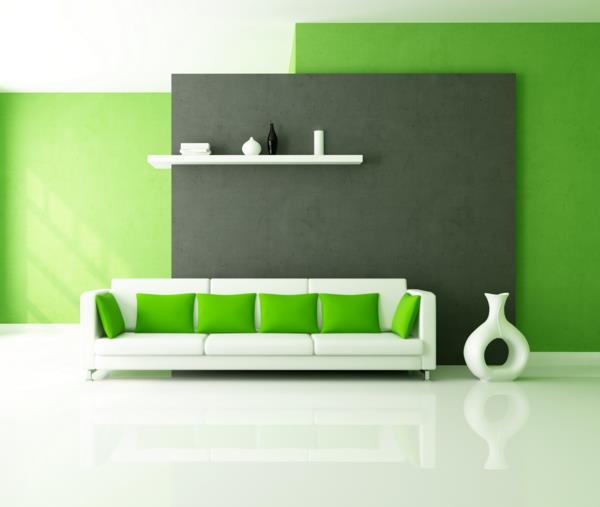 idées de couleurs salon canapé blanc coussins verts