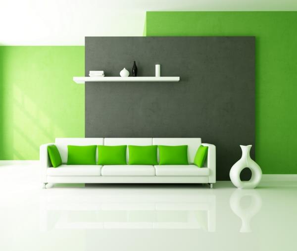 idées de couleurs salon canapé blanc coussins verts