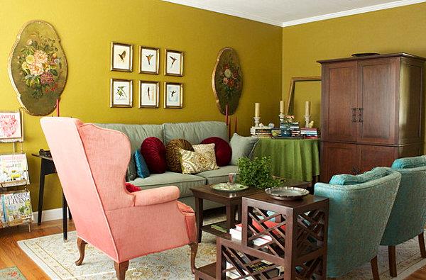 kolorowy wystrój wnętrz oliwkowy kolor ściany w stylu vintage