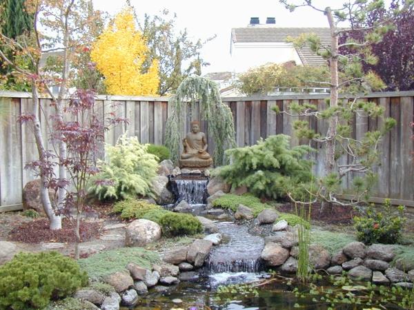 feng shui jardin étang cascade bouddha