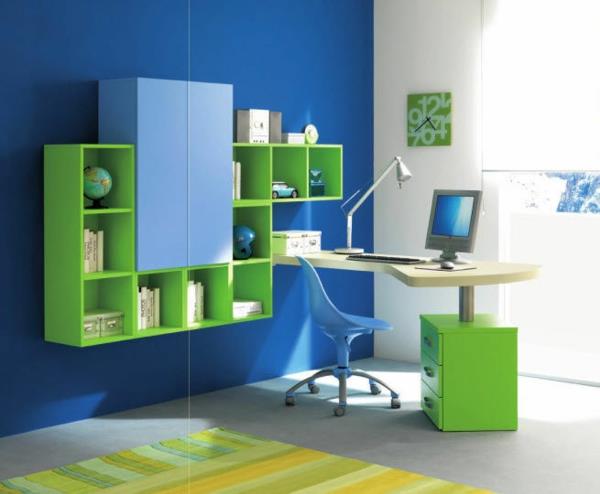 idées feng shui étagères livres mur vert bleu jaune