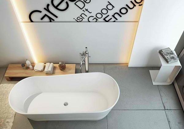 Baignoire autoportante conception de mur de salle de bain moderne dalles de béton revêtement de sol moma design