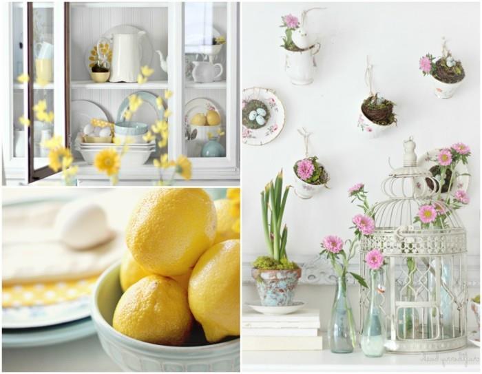 décoration printanière avec des fleurs d'oeufs de pâques et de citrons