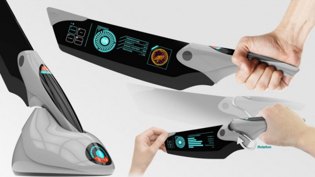 Smart Knife Smart Knife ist mit mehreren Sensoren, LED-Bildschirm ausgestattet und ermöglicht nicht nur das Schneiden von Lebensmitteln, sondern auch die Bewertung ihrer Qualität.