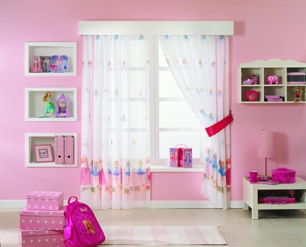 zasłony wbudowane półki pokój dziecięcy różowa zabawna dekoracja ścienna