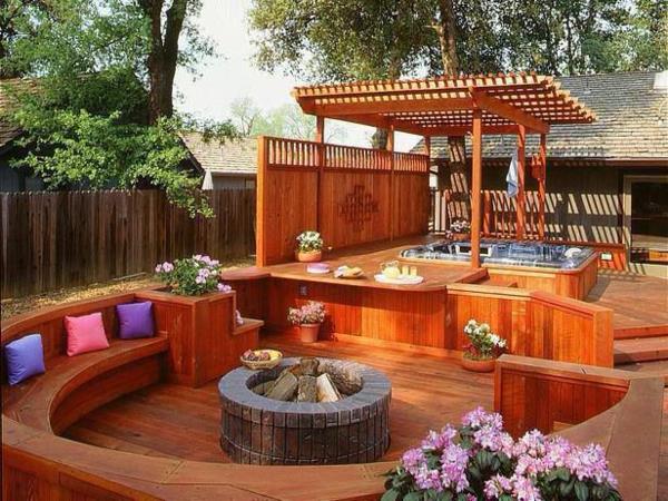 idées de conception de jardin avec coin salon cheminée pergola en bois