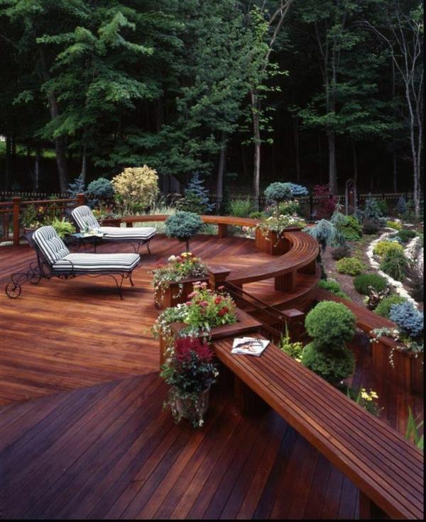 jardin design plancher en bois mensonge plantes